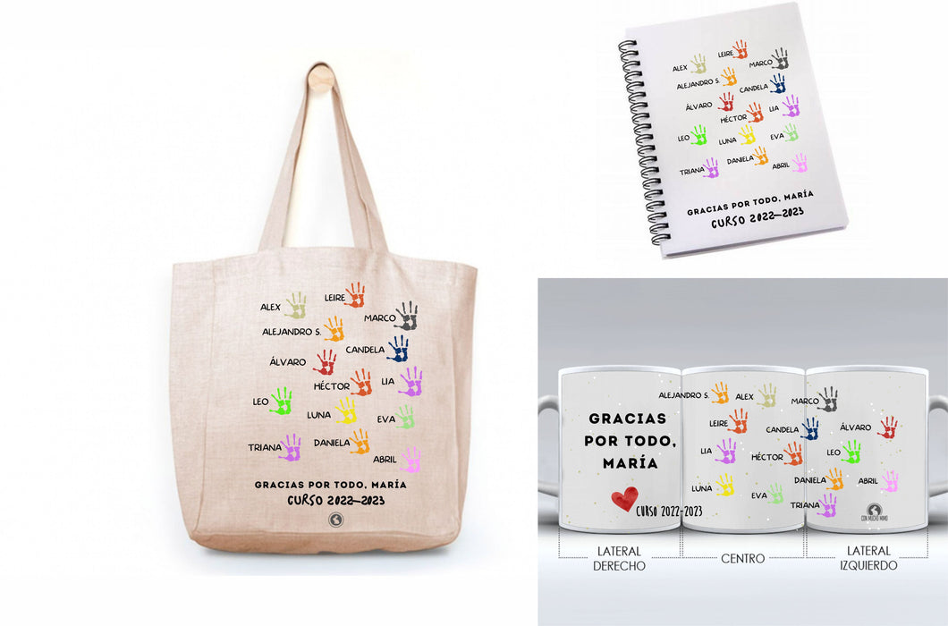 Pack bolsa Tote+libreta+taza personalizada huellas