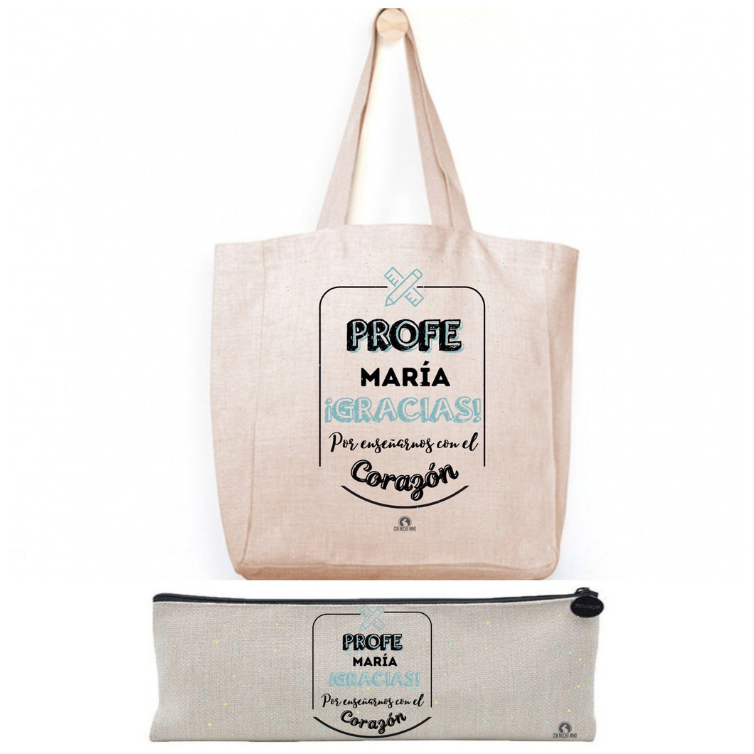 Pack Bolsa Tote + estuche personalizado Profe gracias por